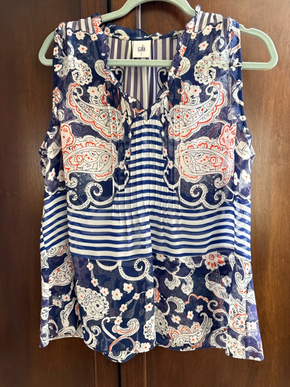 CAbi Navy, White & Coral Paisley Striped Sleeveless Camisole
